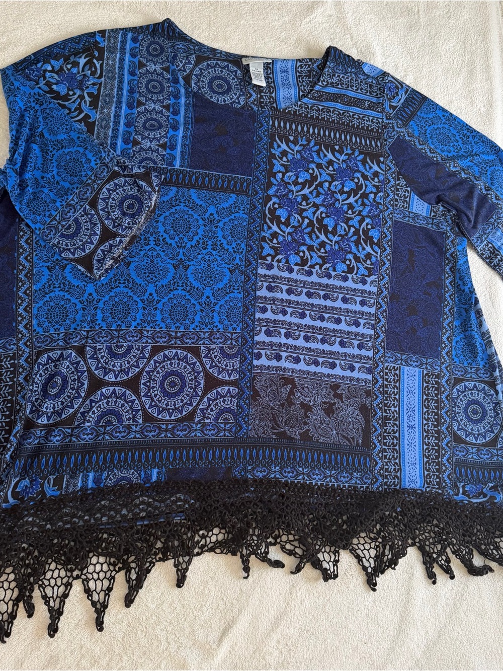 Catherines Women's Plus Size Blue Patterned Top with Crochet Hem